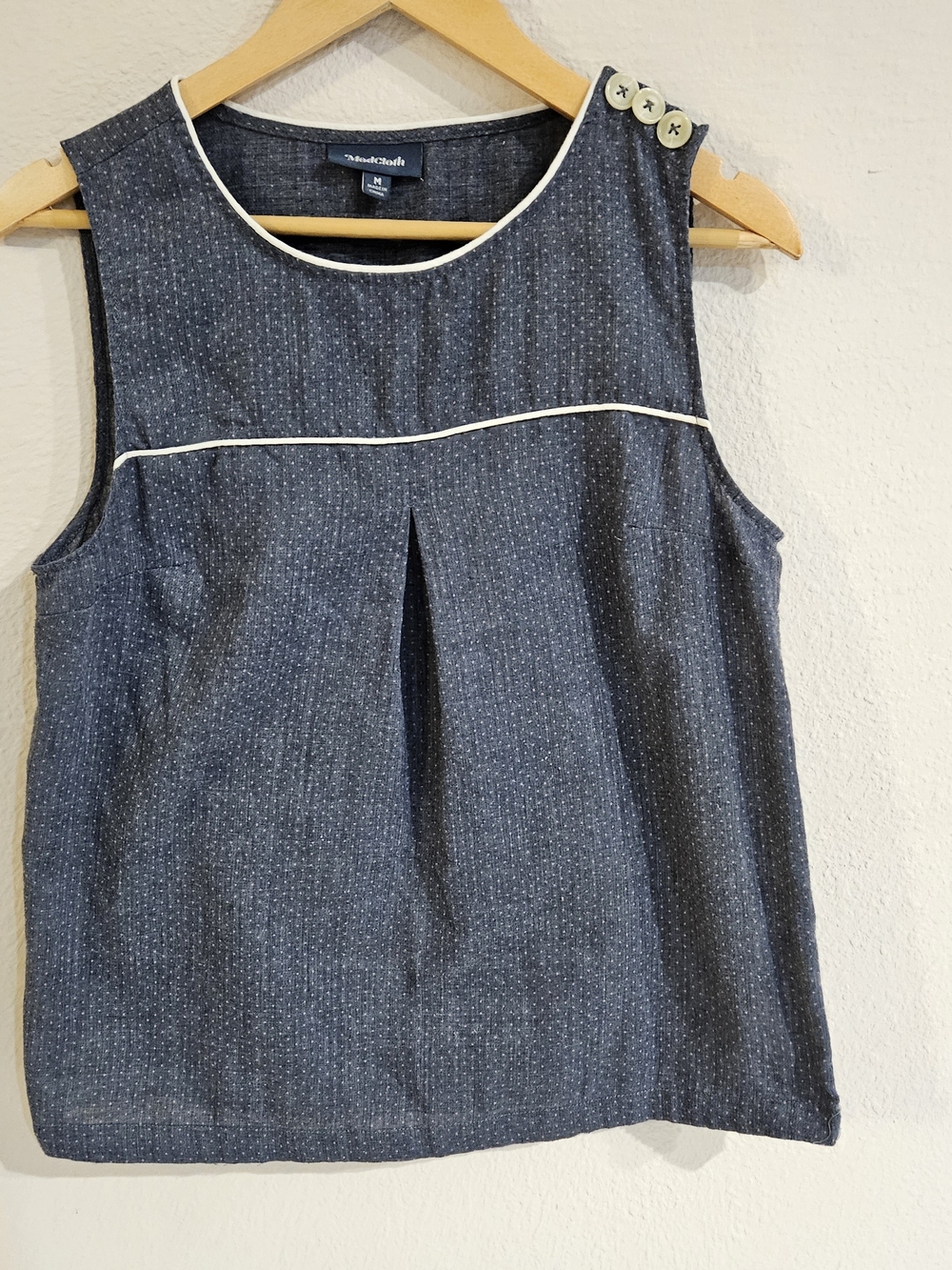 ModCloth Navy Sleeveless Pinstripe Shell with Cream Piping
